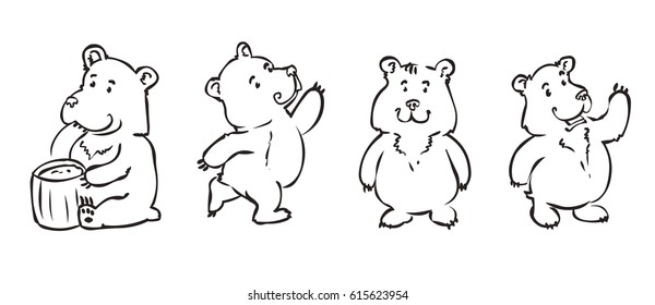 Set of funny cartoon bears. Hand drawn vector illustration.