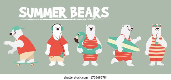 Set of funny cartoon bears. Funny vector illustration for design on t-shirts, cards and print.