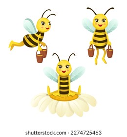 Set of funny cartoon bees. A bee sits on a flower. Bees carry nectar, honey in buckets. Cartoon bee for children on a white background