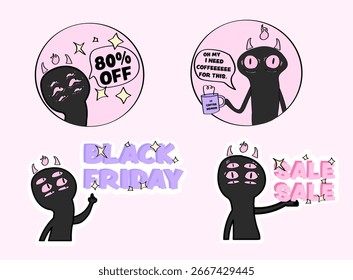 Conjunto de pegatinas divertidas de las ventas del viernes negro de la historieta