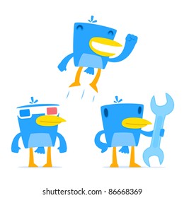 set of funny cartoon blue bird in various poses