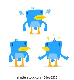set of funny cartoon blue bird in various poses