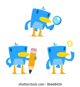 set of funny cartoon blue bird in various poses