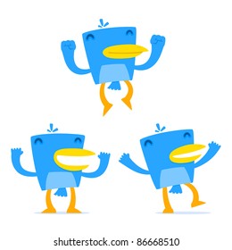 set of funny cartoon blue bird in various poses