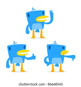 set of funny cartoon blue bird in various poses