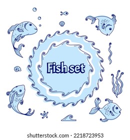 Set, funny, cartoon blue fishes