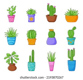 Set of funny cartoon cactus and succulents. Collection with different types of cacti and home plants. Color vector illustrations isolated on white background.