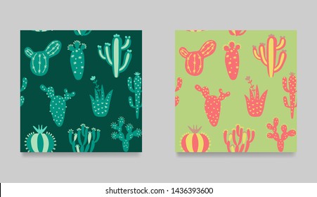 Set of funny cartoon cactuses. Collection of seamless pattern. Multicolor desert cactuses texture. Cartoon exotic vector illustration. Floral background in tribal style. 