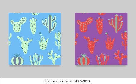 Set of funny cartoon cactuses. Collection of seamless pattern. Colorful desert cactuses texture. Cartoon exotic vector illustration. Floral background in tribal style. 