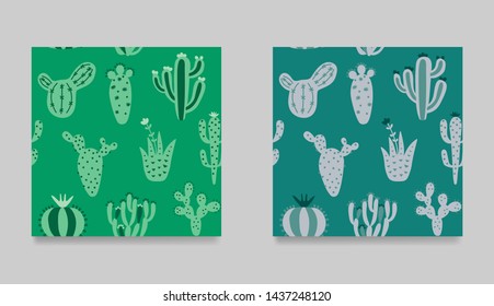 Set of funny cartoon cactuses. Collection of seamless pattern. Bright, colorful desert cactuses texture. Cartoon exotic vector illustration. Floral background in tribal style. 