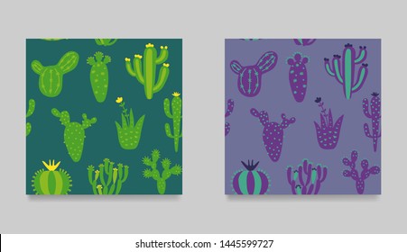 Set of funny cartoon cactuses. Collection of seamless pattern. Colorful desert cactuses texture. Cartoon exotic vector illustration. Floral background in tribal style. 