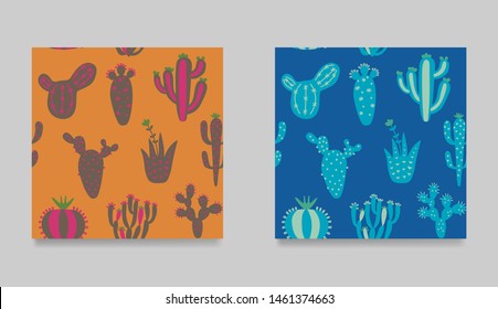 Set of funny cartoon cactuses. Collection of seamless pattern. Colorful desert cactuses texture. Cartoon exotic vector illustration. Floral background in tribal style. 