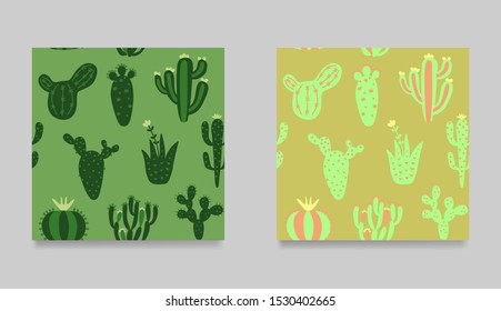 Set of funny cartoon cactuses. Collection of seamless pattern. Multicolor desert cactuses texture. Cartoon exotic vector illustration. Floral background in tribal style. 
