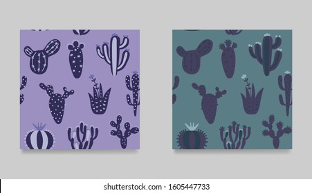 Set of funny cartoon cactuses. Collection of seamless pattern. Multicolor desert cactuses texture. Cartoon exotic vector illustration. Floral background in tribal style. 