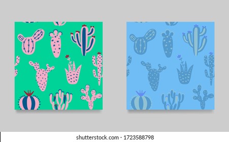 Set of funny cartoon cactuses. Collection of seamless pattern. Creative, multicolor desert cactuses texture. Cartoon exotic vector illustration. Floral background in tribal style. 