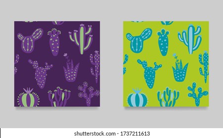 Set of funny cartoon cactuses. Collection of seamless pattern. Stylish, multicolor desert cactuses texture. Cartoon exotic vector illustration. Floral background in tribal style. 