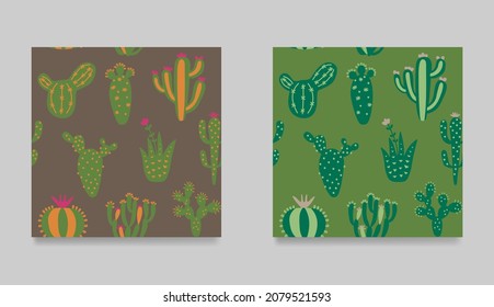 Set of funny cartoon cactuses. Collection of seamless pattern. Hipster, colorful desert cactuses texture. Cartoon exotic vector illustration. Floral background in tribal style. 