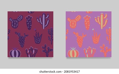Set of funny cartoon cactuses. Collection of seamless pattern. Trendy, colorful desert cactuses texture. Cartoon exotic vector illustration. Floral background in tribal style. 