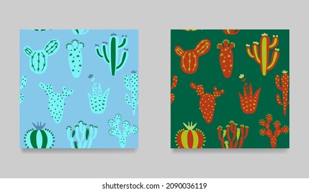 Set of funny cartoon cactuses. Collection of seamless pattern. Trendy, colorful desert cactuses texture. Cartoon exotic vector illustration. Floral background in tribal style. 
