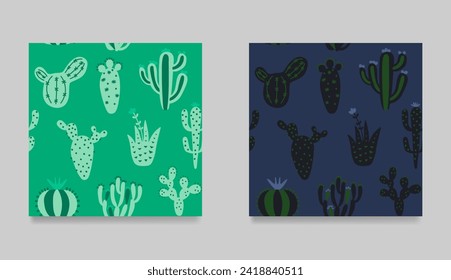 Set of funny cartoon cactuses. Collection of seamless pattern. Creative, multicolor desert cactuses texture. Cartoon exotic vector illustration. Floral background in tribal style. 