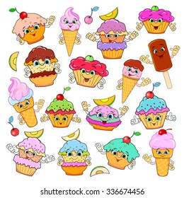 Set of funny cartoon cakes and ice cream with happy faces. White background. Vector illustration.