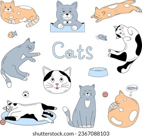 Set of funny cartoon cat characters. Sleeping, playing, sitting cats for stickers, notebook. Vector illustration