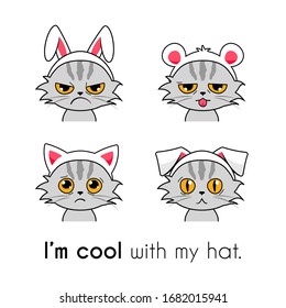 Set of funny cartoon cats with animal hats