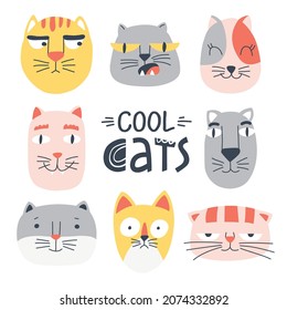 Set of Funny cartoon cats collection with lettering in hand drawn style. Perfect for t-shirt, apparel, cards, poster, nursery decoration. Isolated on white background vector illustration