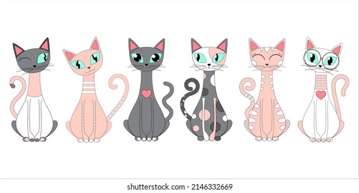 Gatos de dibujos animados divertidos. Para el diseño de impresiones, carteles, tarjetas, pegatinas, etc. Vector
