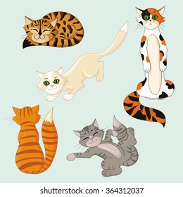 Set of funny cartoon cats with different colored fur on a blue background. EPS10 vector illustration.