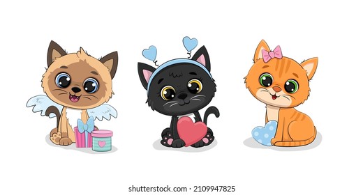 set of funny cartoon cats isolated on white background. Design concept for valentine's day greeting card.Vector illustration