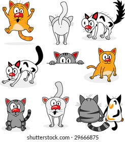 Set of funny cartoon cats isolated on white