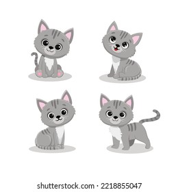 Set of funny cartoon cats.Cute gray kitten in different poses.Vector illustration