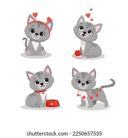 Set of funny cartoon cats.Cute gray kitten in different poses for your disign. Valentine's day card. Vector illustration