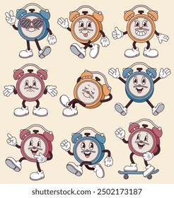 Set of Funny cartoon character of Alarm Clock Pointing. Can be used as Sticker, posters, prints. The comic elements in trendy retro cartoon style. Vector illustration