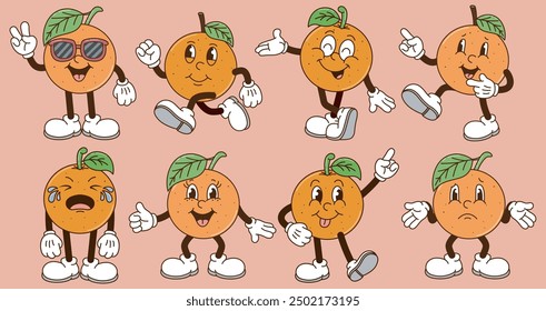 Set of Funny cartoon character of Orange. Can be used as Sticker, posters, prints. The comic elements in trendy retro cartoon style. Vector illustration