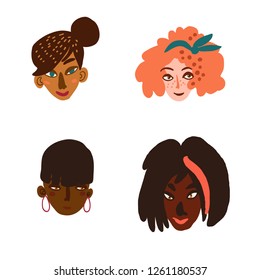Set of funny cartoon character portraits of happy smiling women of different race together. Minimal style illustration isolated on white.
