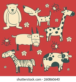 Conjunto de graciosos personajes de dibujos animados de animales e insectos sobre fondo rojo. 