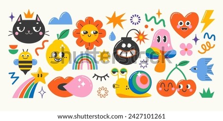 Set of funny cartoon characters and design elements in retro groovy style.