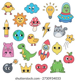 Eine Reihe lustiger Comic-Figuren. Doodle-Aufkleber einzeln auf weißem Hintergrund. Vektorgrafik im flachen Stil.