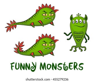 Set of Funny Cartoon Characters, Green Monsters, Elements for your Design, Prints and Banners, Isolated on White Background. Vector