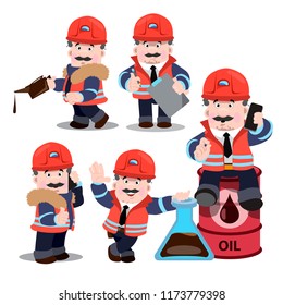 Set of funny cartoon characters. A man working in uniform, in a protective orange waistcoat and helmet.