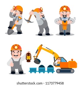 Set of funny cartoon characters. A man working in uniform and helmet.