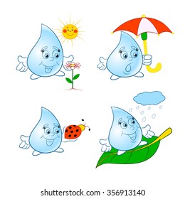 Set of funny cartoon cheerful water drops.