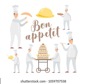 Set of funny cartoon chefs in different poses. Confectioners are driven cake. Chef carry pizza, hot dish, throws dough. Vector flat illustration.