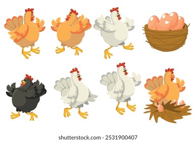 Conjunto de engraçado desenho animado frango, quando em várias poses, ilustração vetorial isolado no fundo branco.