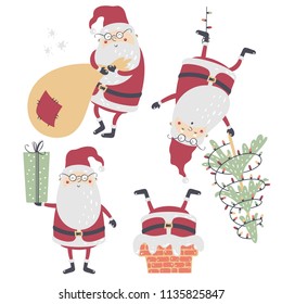 Set of funny cartoon Christmas Santa Claus. Vector illustration.