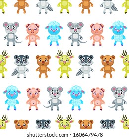 Set of funny cartoon colorful animals. Funny mouse, pig, sheep, badger, bear, deer on a white background. Seamless pattern for different surfaces.
