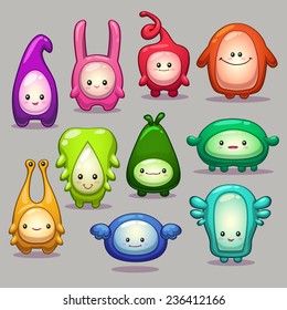 Set of funny cartoon colorful monsters, vector characters on the gray background