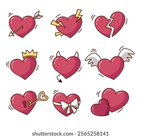Set of funny cartoon comic hearts, love vector illustrations, heart characters